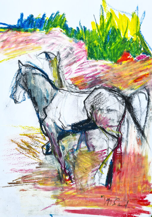un cheval qde côté sur un fond de couleurs sur papier