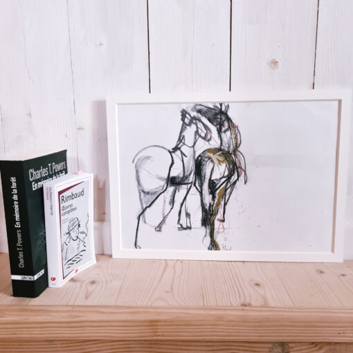 two horses side by side on a drawing next to books