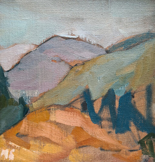blue and orange mountains in Ardèche painted with oil on canvas